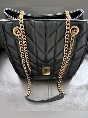 Karl Lagerfeld Black Quilted Shoulder Bag with Gold Chain